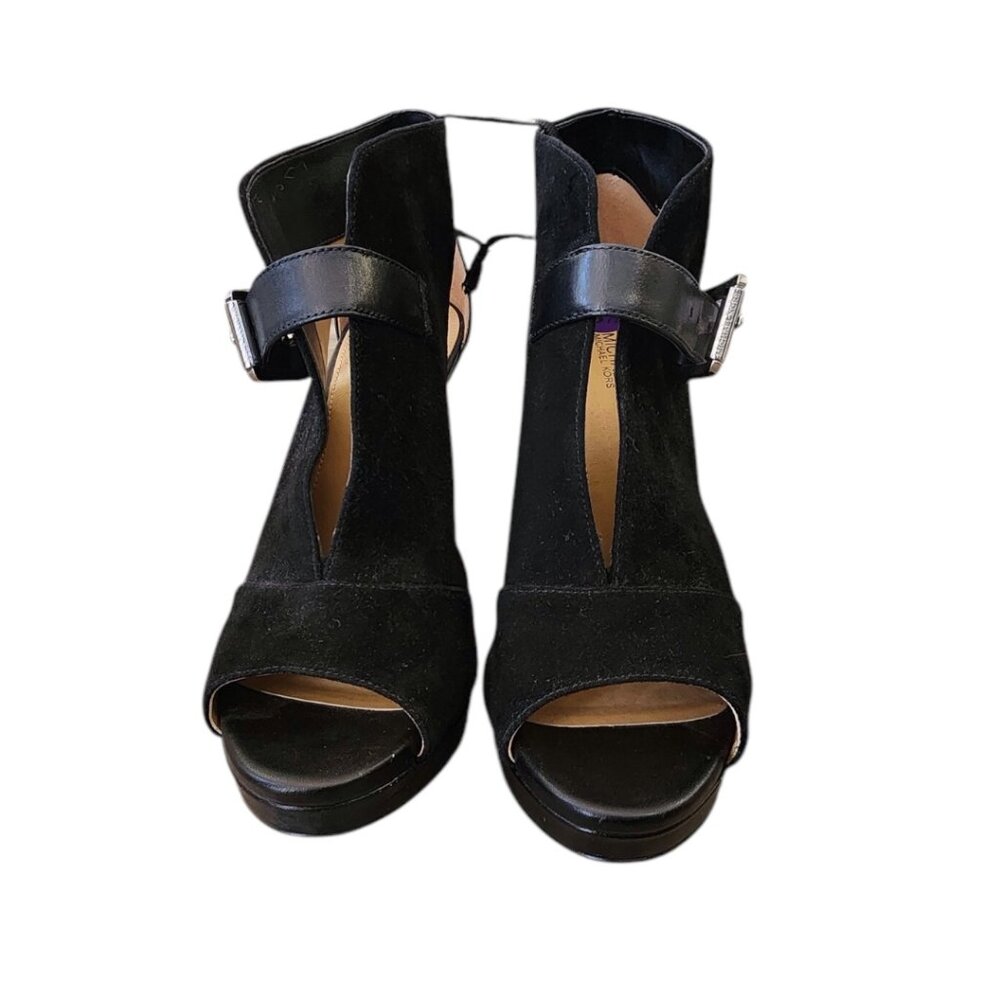 New MICHAEL Kors Black Suede Leather Isabella Open Peep Toe Heels Bootie Shoes - Picture 5 of 16